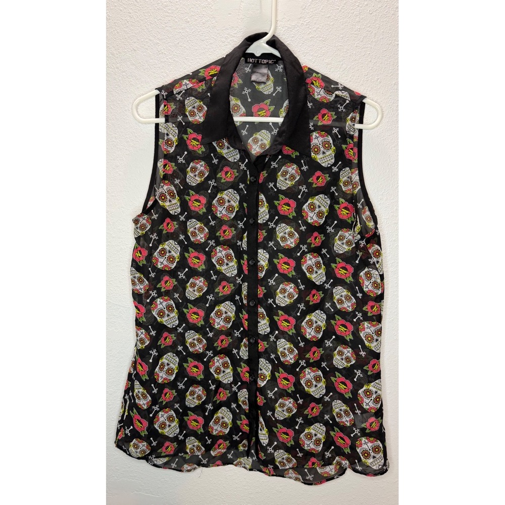 Hot Topic Sugar Skull Top Womens XL Black Sleeveless Button Up Excellent Goth
